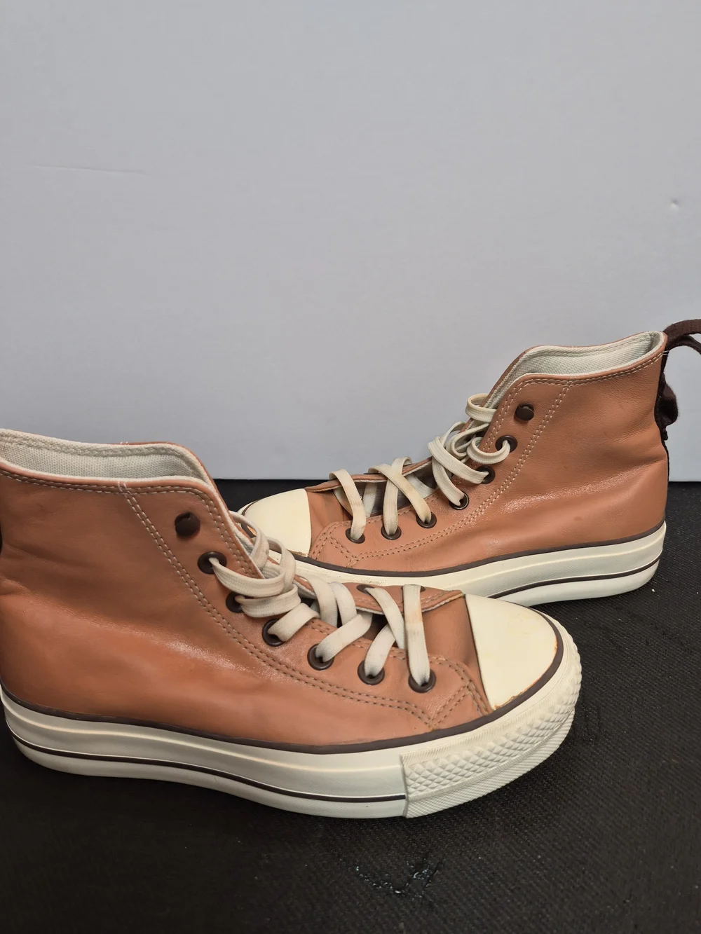 The Converse Chuck Taylor All Star Mid Top Leather Lace Up Sneakers in Brown/Whi